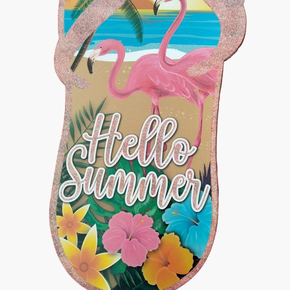 Flip Flop Hello Summer Sign Tropical Flamingos Luau Beach Patio Pool Tiki - Picture 3 of 7